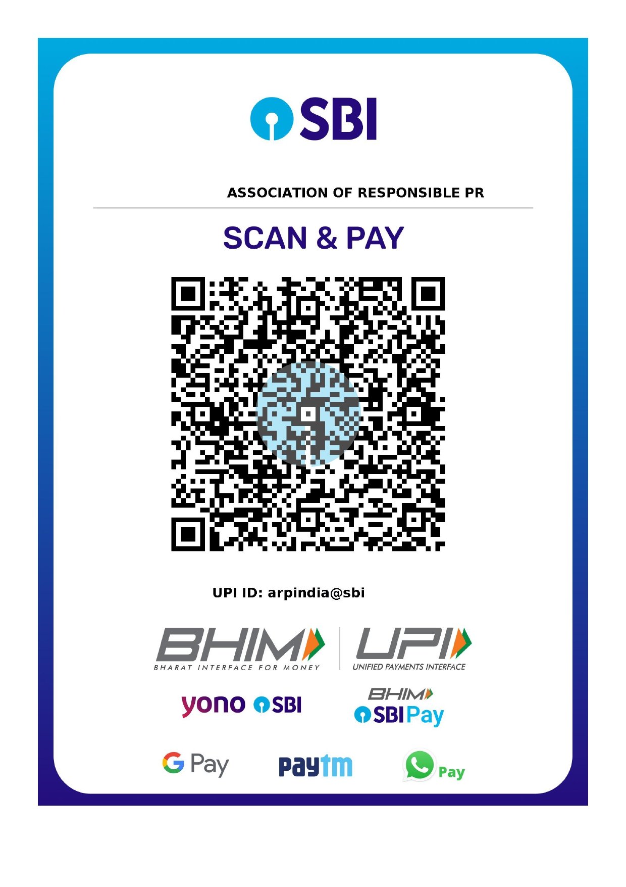 Scan and pay ARP India using UPI ID arpindia@sbi