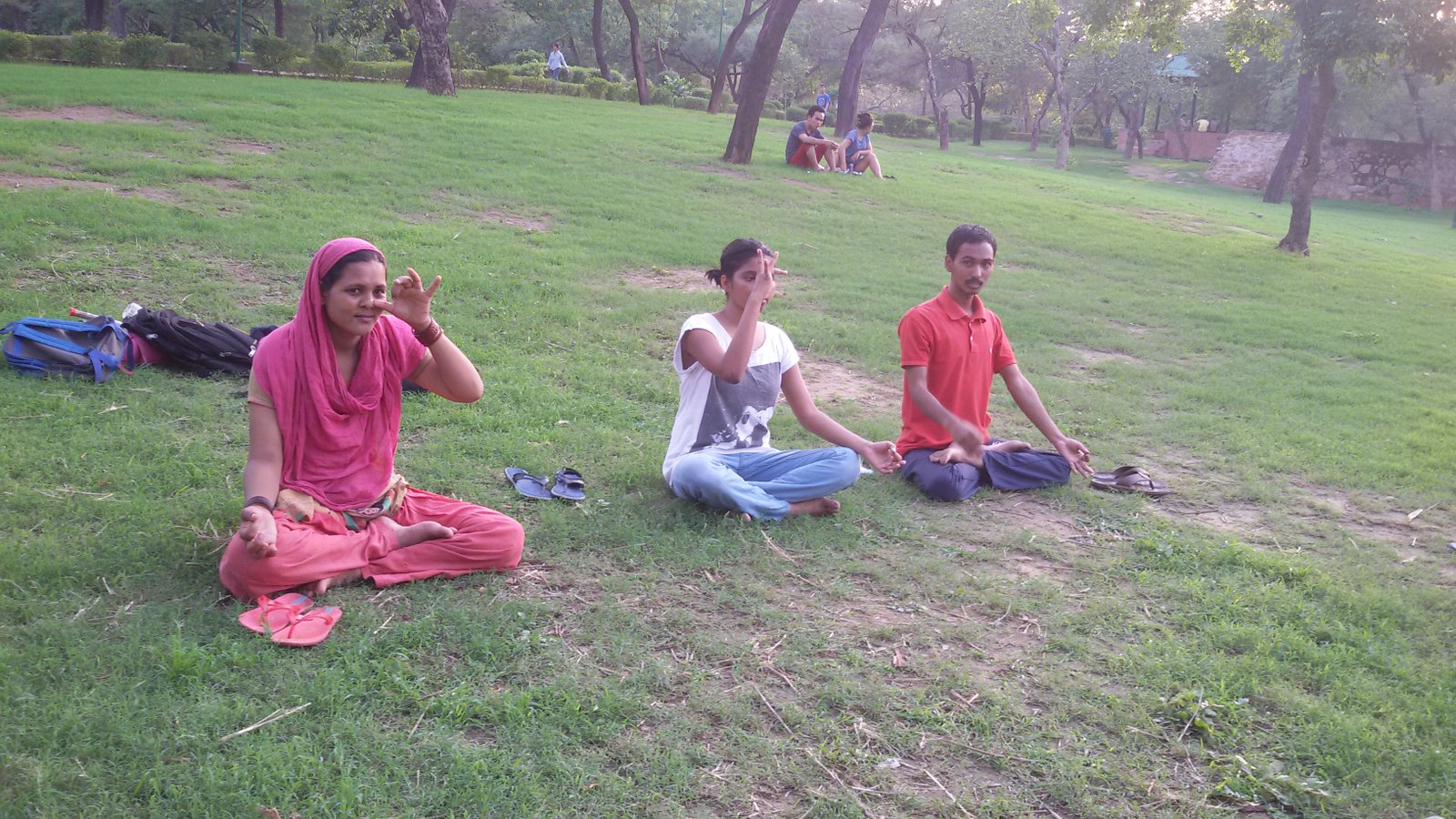 Participants practising yoga and breathing exercises in a park